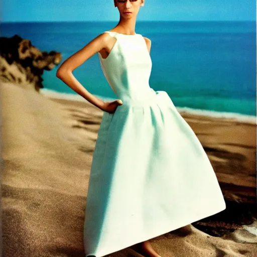 Image similar to 1 9 8 5 italia vogue magazine photo of a dress with cotton set, christian dior style, mediterranean beach background, refracted color lines, night, flash photography