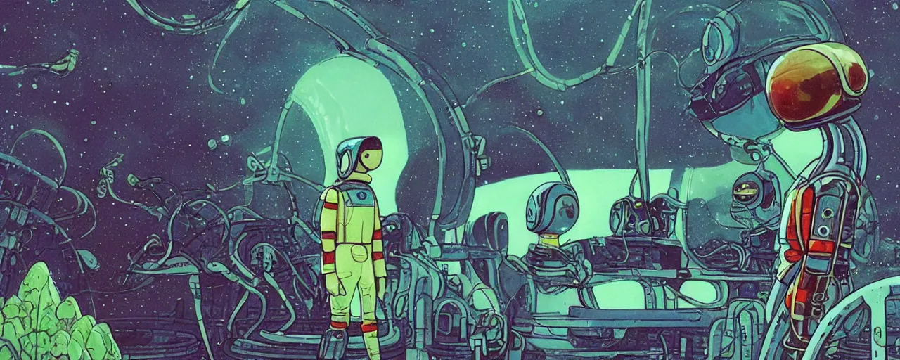 Image similar to a portrait of pilot alien symbiotic in spacesuit on field forrest spaceship station landing laying lake artillery outer worlds in FANTASTIC PLANET La planète sauvage animation by René Laloux