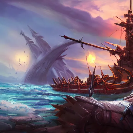 Image similar to arcane style viking battleship, viking cannons, viking spears and axes. spear and axes, sea background, bright art masterpiece artstation. 8 k, sharp high quality artwork, concept art by tooth wu, blizzard warcraft artwork, hearthstone card artwork