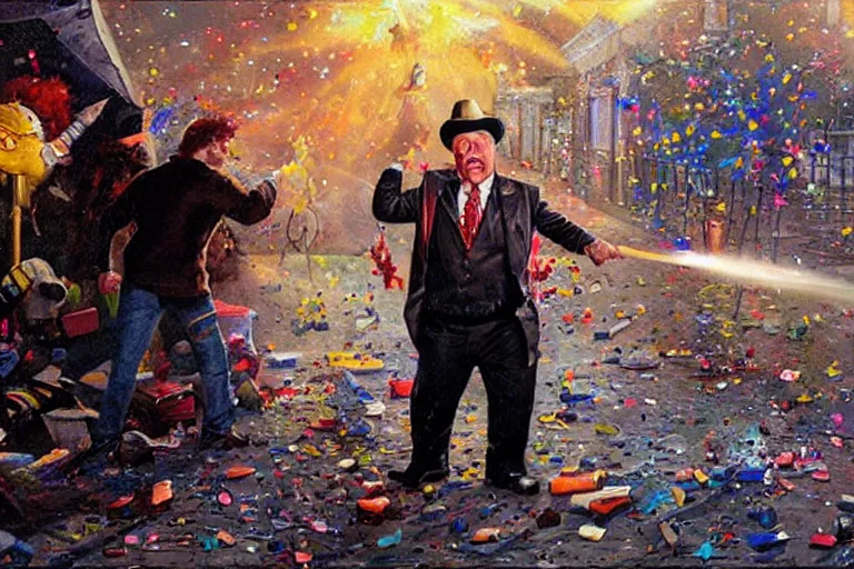 Image similar to portrait of rip taylor throwing confetti at a crime scene chalk outline, an oil painting by ross tran and thomas kincade