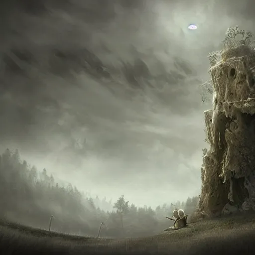 Prompt: michal karcz children's drawing of a beautiful landscape. , horror theme, detailed, elegant, intricate, 4k,