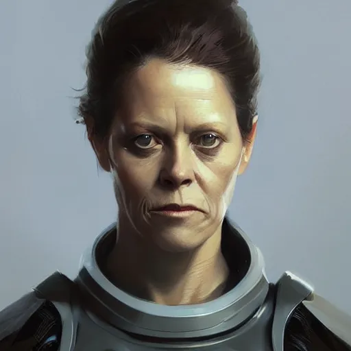Prompt: portrait of a woman by greg rutkowski, she looks like sigourney weaver, she is wearing a cybernetic heavy armor gear, highly detailed portrait, digital painting, artstation, concept art, smooth, sharp foccus ilustration, artstation hq