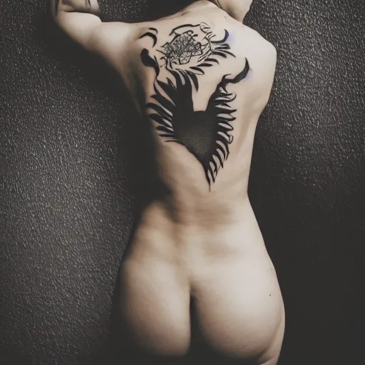 Image similar to photography of the back of a woman with a black detailed irezumi tatto representing a cute caracal on her entire back, dark hangar background, mid-shot, editorial photography