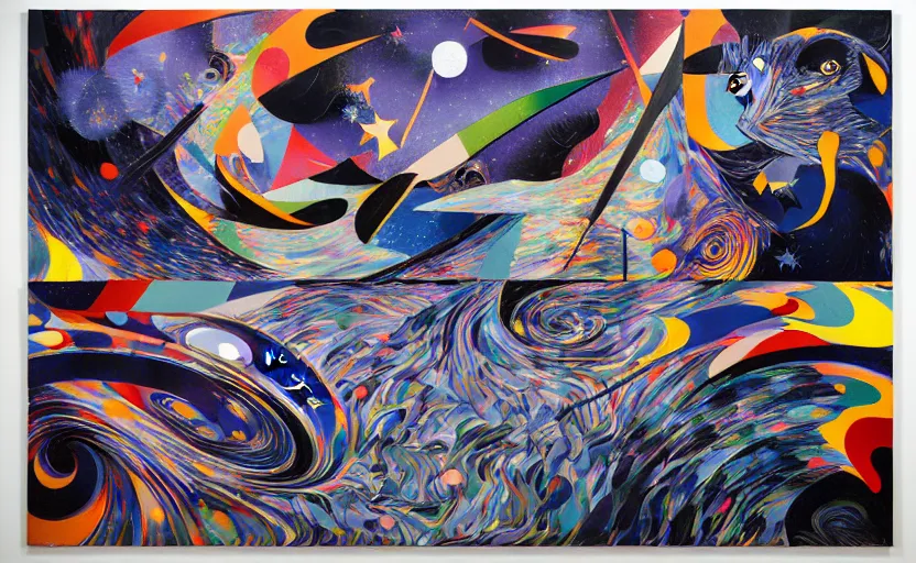 Image similar to decollage painting stillness of motion of the old moon and stars night colorful whirlwinds by adrian ghenie and takato yamamoto and edward hopper and mark ryden and tsutomu nihei, part by bridget riley, acrylic pour and splashing paint, very coherent, baroque elements, perfect anatomy, intricate design. pop art.