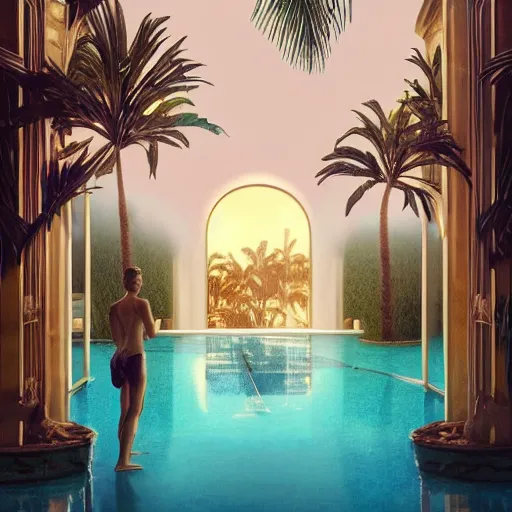 Image similar to indoor liminal dream, golden light, greg rutkowski, palm trees, pink door, minimalistic, hyperrealistic surrealism, award winning masterpiece with incredible details, epic stunning, infinity pool mirrors, a surreal vaporwave liminal space with mirrors, highly detailed, trending on artstation, artgerm and greg rutkowski and alphonse mucha, daily deviation