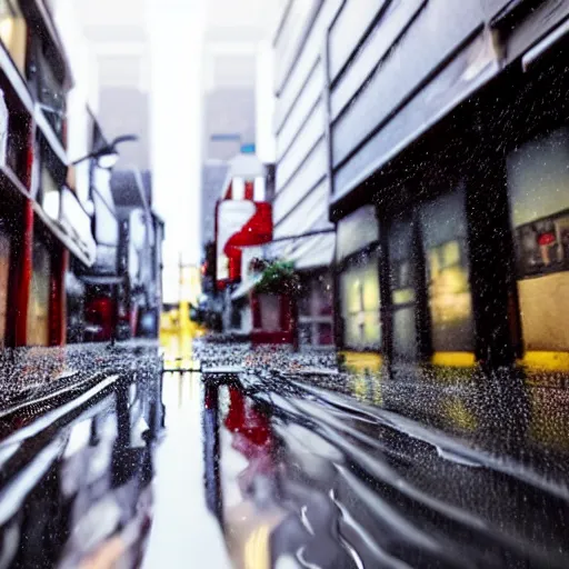 Image similar to still photo of rain puddles and reflections in a japanese street, cloudy weather, highly detailed, photorealistic shot, bright studio setting, studio lighting, crisp quality and light reflections, unreal engine 5 quality render