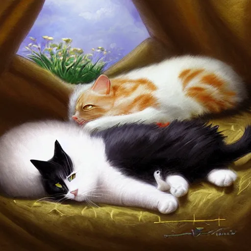 Image similar to a fat black and white male cat and a slim tortoiseshell female cat sleeping peacefully together in cat heaven, dreamy puffy clouds, painted by Tyler Edlin