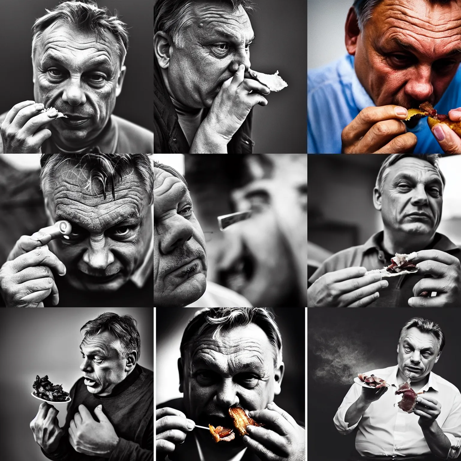 Prompt: photo of viktor orban eating bacon by lee jeffries