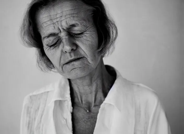 Prompt: analog portrait in white and on dark background in very high resolution with a 5 0 mm f / 2. 0 lens of a 6 5 - year - old albania spy with her eyes closed.