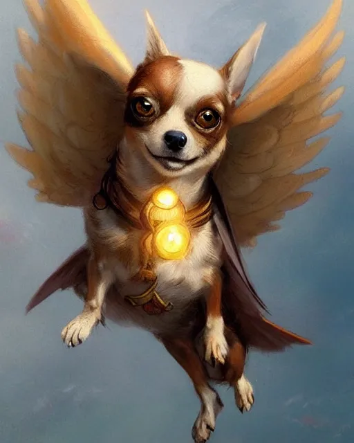 Prompt: a cute magical flying chihuahua with wings, fantasy art drawn by disney concept artists, greg rutkowski, golden colour, high quality, highly detailed, elegant, sharp focus, concept art, character concepts, digital painting, mystery, adventure