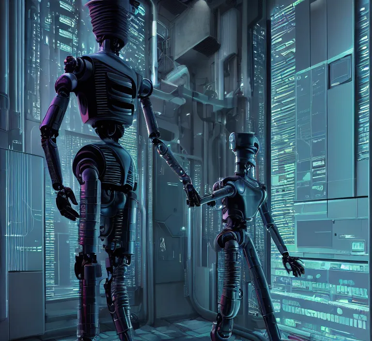 Prompt: hyperrealism stock photography of highly detailed stylish humanoid robot in sci - fi cyberpunk style by gragory crewdson and vincent di fate with many details by josan gonzalez working at the highly detailed data center by mike winkelmann and laurie greasley hyperrealism photo on dsmc 3 system rendered in blender and octane render