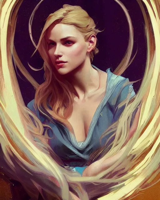 Image similar to '' Portrait of Beautiful blonde Slavic woman in her early 30’s, league of legends, LOL, fantasy, d&d, digital painting, artstation, concept art, sharp focus, illustration, art by greg rutkowski and alphonse mucha ''