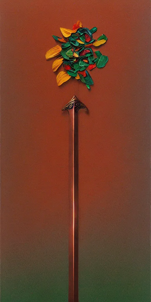 Image similar to a sword made from flower petals in the style of zdzisław beksinski, elegant, copper and emerald, shining