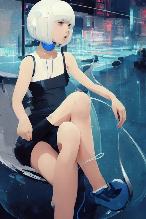 Prompt: a cute young woman listening to music in a bubble chair with her eyes closed and wearing headphones, white bob cut hair, freckles, cyberpunk setting, blue filter, blue and white, vivid colors, soft lighting, cinematic, moody, nier automata, poster, oil on canvas, in the style of Ilya Kuvshinov, Krenz Cushart, Range Murata, 8k