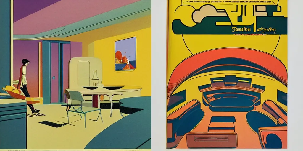 Prompt: glorious minimalist illustration by Jean Giraud, vintage sci-fi comic book illustration by Syd Mead and Ralph Mcquarrie, interior by Syd Mead, surrealist overhead surveillance view of yellow kitchen, by Edward Hopper, by Jean Giraud, vibrant 70s science textbook design-W 768