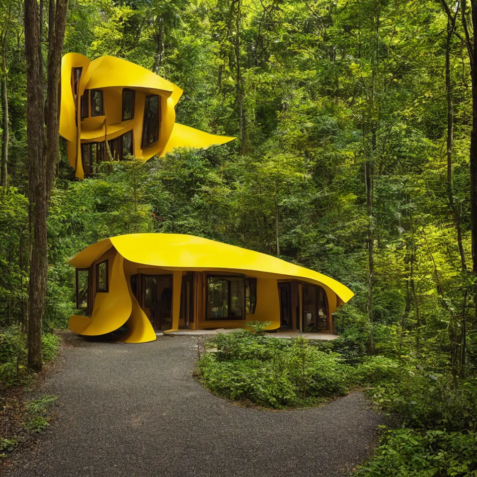 Image similar to a tiny bungalow in a forest, designed by Frank Gehry. Tiles. Small gravel driveway . Film grain, cinematic, yellow hue