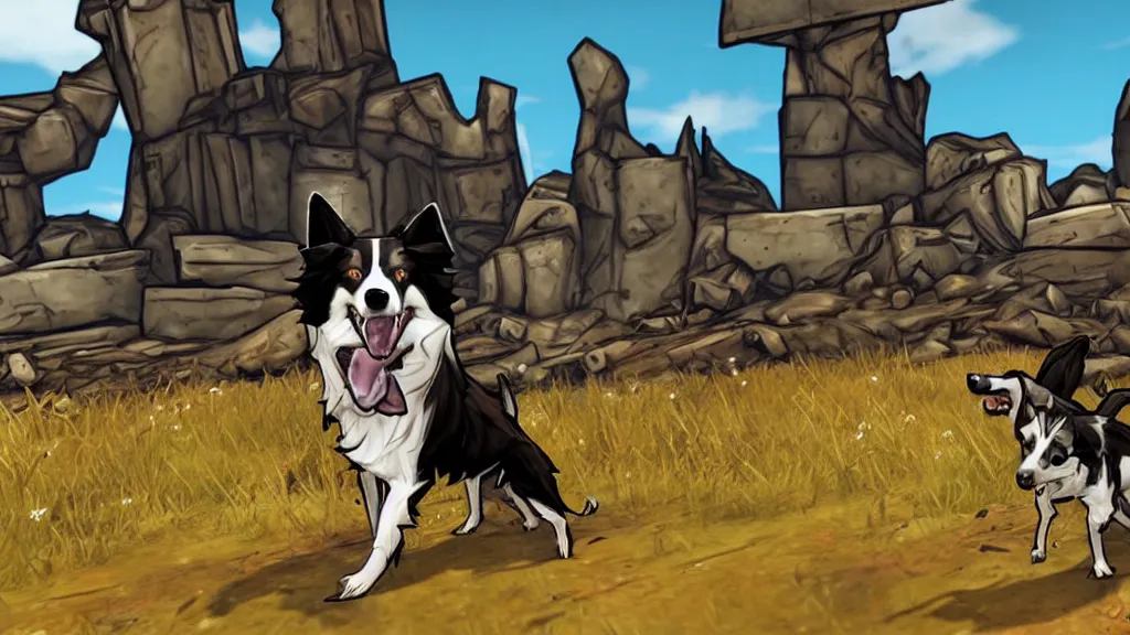 Prompt: border collie dog in the style of borderlands 2. Border collie is in the centre of the frame. Borderlands 2 level background.
