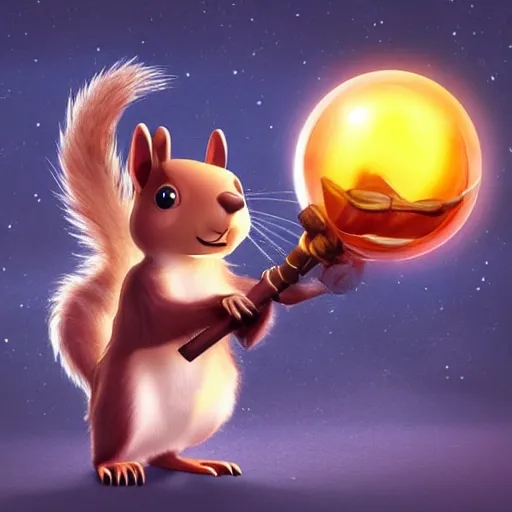 Prompt: A squirrel holding a glowing sphere in one paw and a sword in the other, fantasy illustration