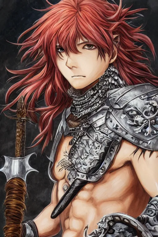 Image similar to A realistic anime portrait of a young handsome male barbarian with long wild hair, intricate fantasy spear, plated armor, D&D, dungeons and dragons, tabletop role playing game, rpg, jrpg, digital painting, by Yoshitaka Amano and Ayami Kojima and Akihiko Yoshida and Yusuke Murata, digtial painting, trending on ArtStation, SFW version