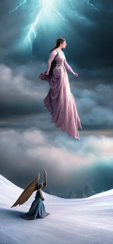 Prompt: royalty angel, big wings, argentina, hudson river school, max rive, full plate armor with cloth, f 1 6, bokeh, gentle, female, snowy mountain, storm clouds, god rays, landscape, d & d, fantasy, elegant, teal pink white gold color palette, concept art, roger deakins and greg rutkowski and alphonse mucha