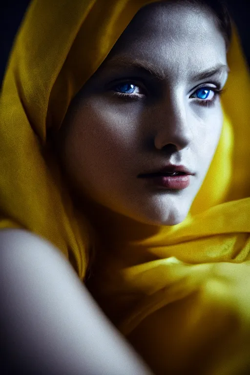 Prompt: a beautiful girl with beautiful cold blue eyes, standing in a dark room under the bright lighting of cold lamps, in bright yellow silk clothes golden ratio, by lee jeffries, medium close - up, perfect composition, dramatic, medium close - up ( mcu ), cannon ef 6 5 mm f / 2. 8