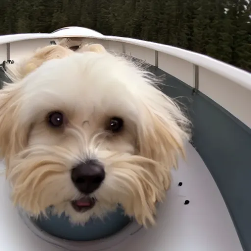 Image similar to a cream-colored havanese dog in a bobsled, gopro photo, 4k