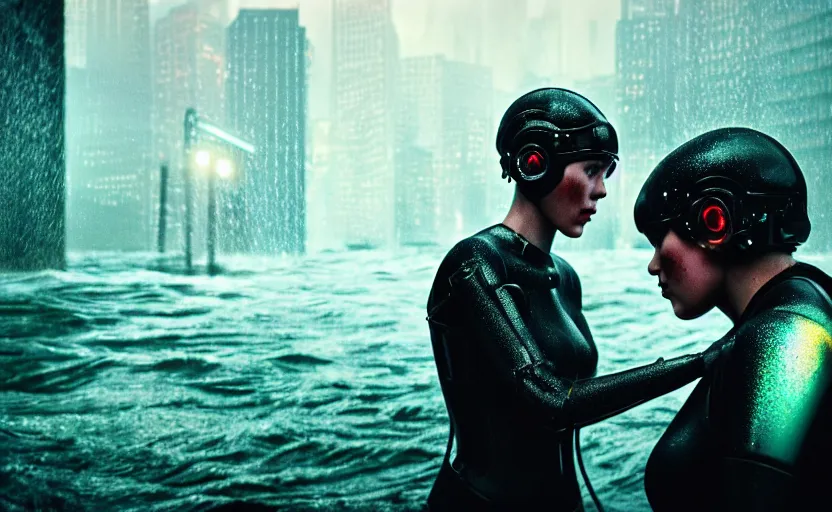 Image similar to cinestill 5 0 d candid photographic portrait by steven spielberg of two loving female androids sobbing wearing rugged black mesh techwear in treacherous waters, flooded city, medium closeup, retrofuturism cyberpunk moody emotional cinematic, pouring iridescent rain bright spotlight helicopter, 8 k, hd, high resolution, 3 5 mm, f / 3 2, ultra realistic faces, ex machina