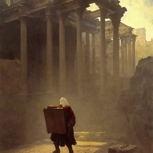 Image similar to half portait of magican wearing a closed cowl and carrying big old book! jeremy mann, jean leon gerome, tiepolo, alphonse mucha, greg rutkowski, face in the shadows, ( ( ruins of ancient rome ) ), at dusk, mysterious atmosphere, sunrays, dof, masterpiece, high detailed, 8 k