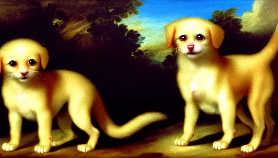 Image similar to a tropical dog dog kitten dog in the style of francisco goya, 4 k resolution, tropical background, tropical