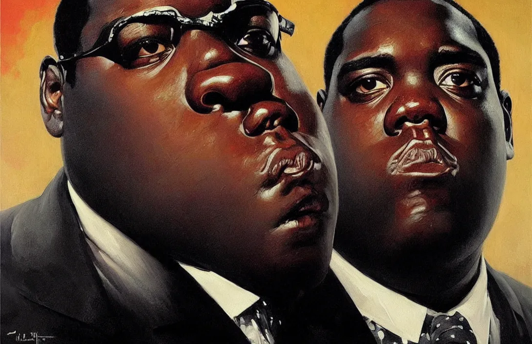 Image similar to portrait of the notorious b. i. g. as james bond!!!!!!!!!!!!!!!!!!!!!!!!!!!, detailed face, detailed painting, epic lighting, by ilya repin, phil hale and kent williams
