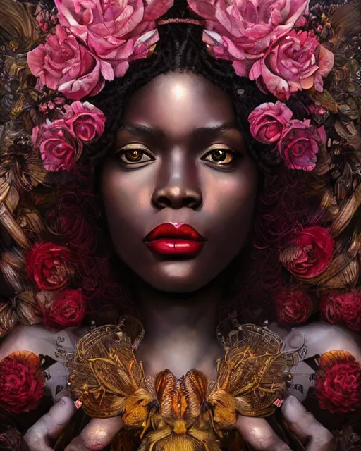 Image similar to portrait of the african queen of the underworld, surrounded by flowers by karol bak, james jean, tom bagshaw, rococo, sharp focus, trending on artstation, cinematic lighting, hyper realism, octane render, 8 k, hyper detailed.