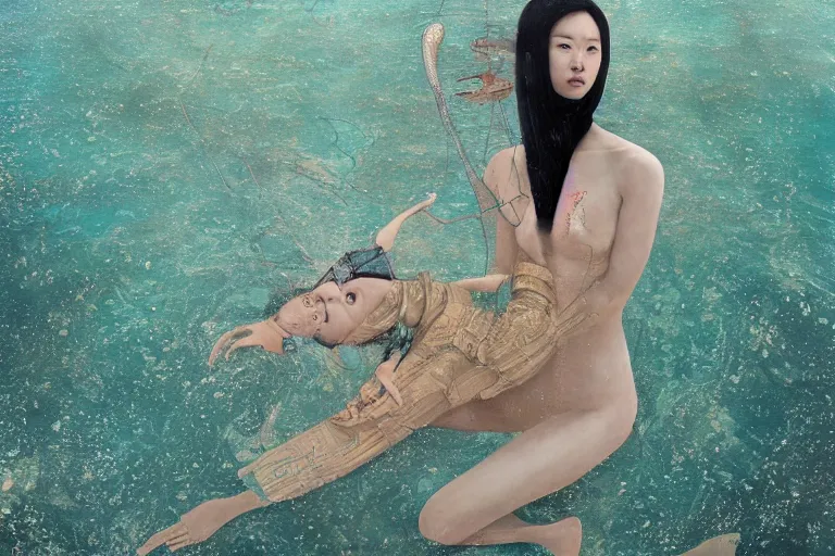Prompt: lee jin - eun in astronaut dress emerging from turquoise water in egyptian pyramid by dino valls, nicola samuri, conrad roset, m. k. kaluta, martine johanna, rule of thirds, elegant look, beautiful, luxurious