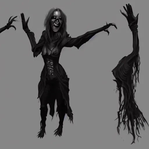 Prompt: female wraith, undead, dynamic pose, elongated legs, long fingers, talons, skull, terrifying, dark, fog, artstation