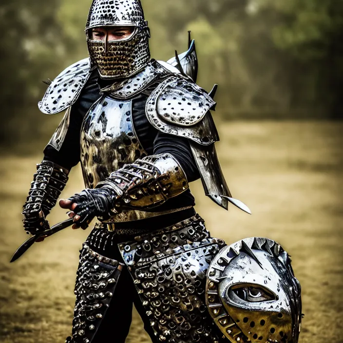 Image similar to portrait photograph of a real-life warrior with metal jaguar armour. Extremely detailed. 8k