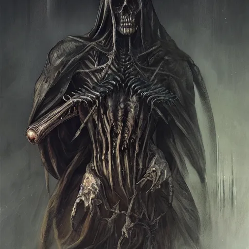 Image similar to portrait of the grim reaper bringer of death, rnst haeckel, artgerm, greg rutkowski, h. r. giger and zdislaw beksinski, trending on artstation