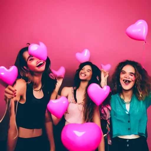 Image similar to silhouette of silly young women at a party having fun and holding balloons with pink hearts in the air