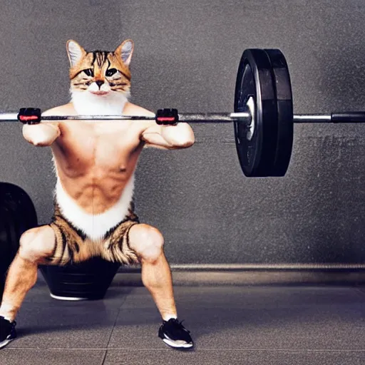 Image similar to an anthropomorphic cat doing deadlifts weight training exercise with a loaded barbell at a gym