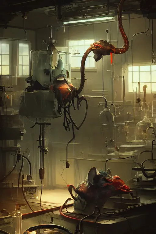 Image similar to many mechanics in lab facility looking at bloody disney mouse head lifted by claw, made by beeple, cgsociety, artgerm, greg rutkowski, highly detailed intricate 4 k art, low light cinematic, octane render, unreal engine, smooth concept art