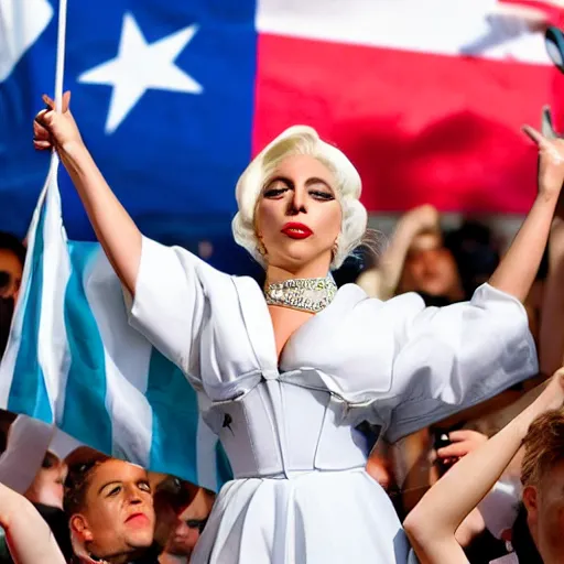 Image similar to Lady Gaga as Evita, Argentina presidential rally, Argentine flags behind, bokeh, epic photo, detailed face, Argentina