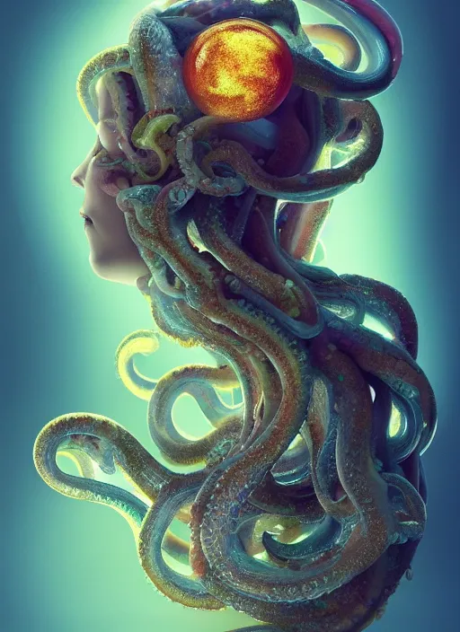 Image similar to subsurface scattering, medusa made of soft wax, cgsociety, translucent, organic squid and ceramic art nouveau swirls, golden orbs, colored smoke, in the style of alberto seveso and ruan jia and beeple and giger, mystical colors, back light, rim light, dramatic lighting, 8 k, stunning scene, raytracing, octane render