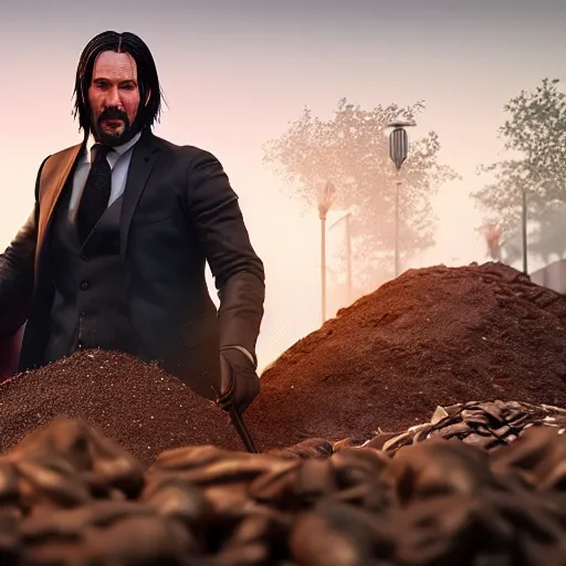 Prompt: john wick digging potatoes in belarus, instagram photo, photorealistic, hyper detailed, hyper realistic, houdini, vfx, unreal engine 5, octane render, 8 k