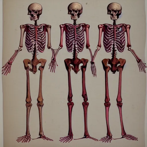 Prompt: vintage, detailed, colored sketch of woman with 3 arms anatomy, full body, skeleton, with full descriptions, on parchment