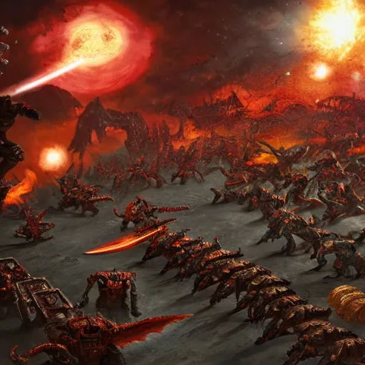 Image similar to space marines fighting off a horde of tyranids, 4k digital art, Doom, hyper realistic, HD, Warhammer40k