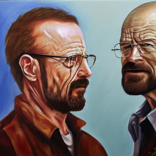 Image similar to walter white face to face with rick grimes, oil painting