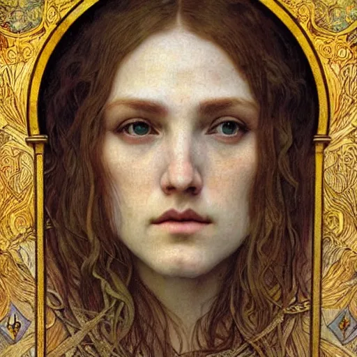Image similar to detailed realistic beautiful young medieval queen face portrait by jean delville, alphonse mucha, vincent van gogh, and marco mazzoni, art nouveau, symbolist, visionary, gothic, pre - raphaelite