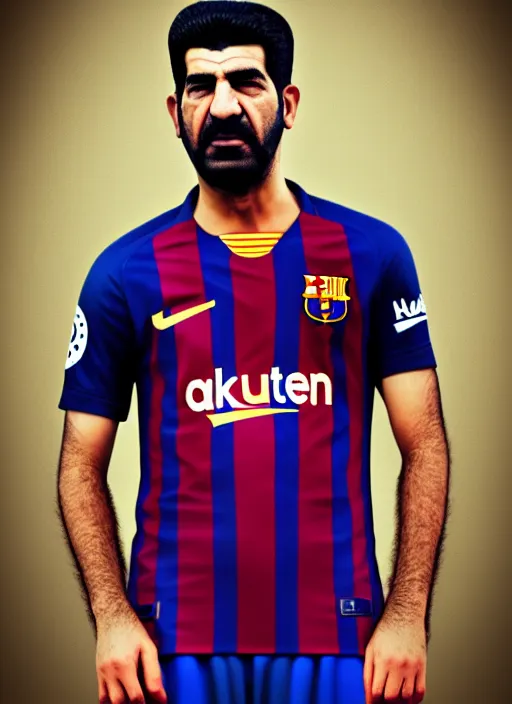 Image similar to portrait of sadam hussain, fc barcelona jersey number 1 0, dark blue, maroon red, hyper realism art, trending on artstation, octane render