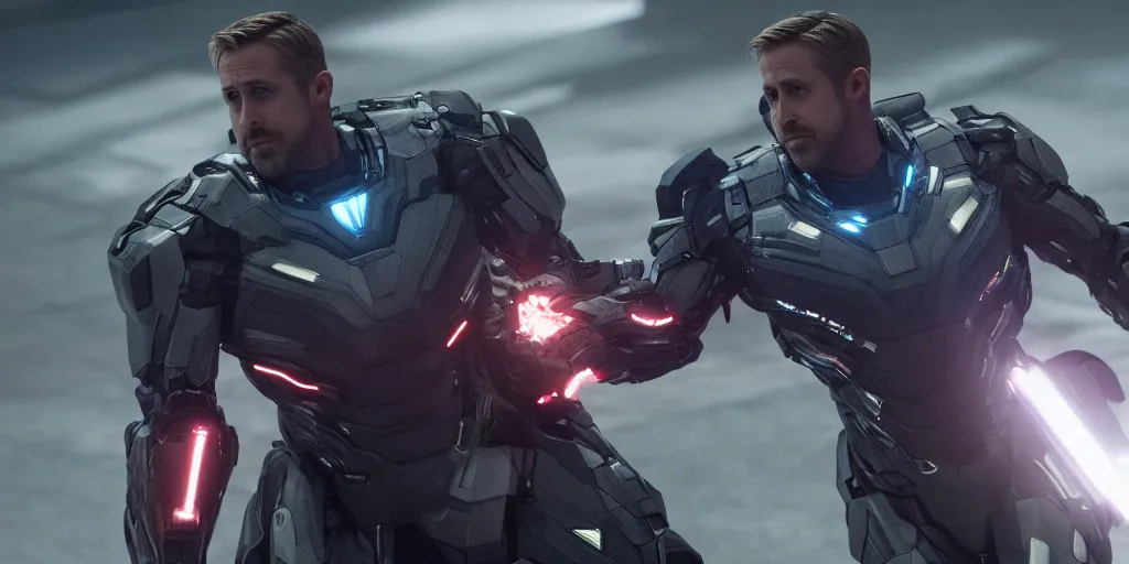 Image similar to Ryan Gosling as War Machine in 'Avengers: Endgame' (2019), movie still frame, oscar nominated cinematography, volumetric lighting, 8k resolution, beautiful composition