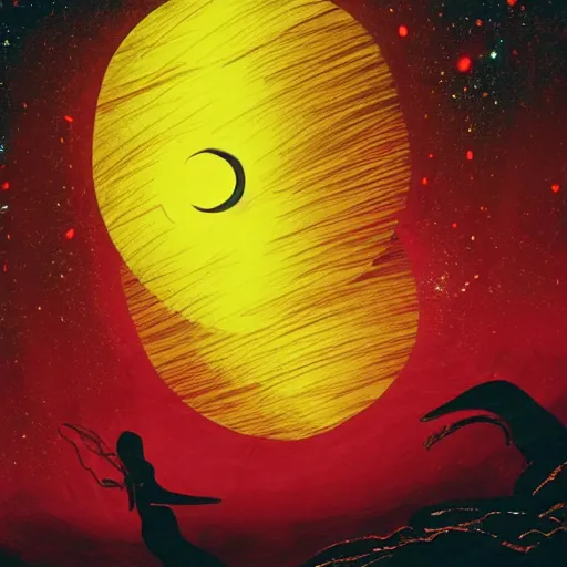 Prompt: hlghly detailed abstract drawing of a red night sky with a woman silhouette in foreground, a big yellow star in background and several smaller star