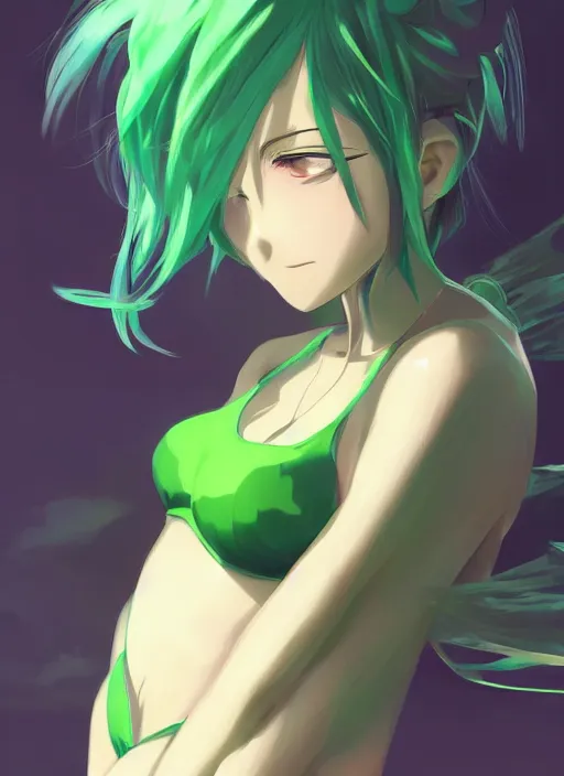 Image similar to anime girl with green hair wearing bikini, detailed character portrait, anime style, by makoto shinkai, by wenjun lin, by studio ghibli, gorgeous face, digital art, fanart