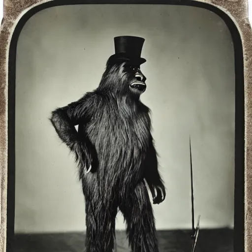 Image similar to a vintage wet plate portrait of a dignified bigfoot with a top hat and cane, extremely detailed, by robert capa!!!!!!!!!!!!!!!!!!